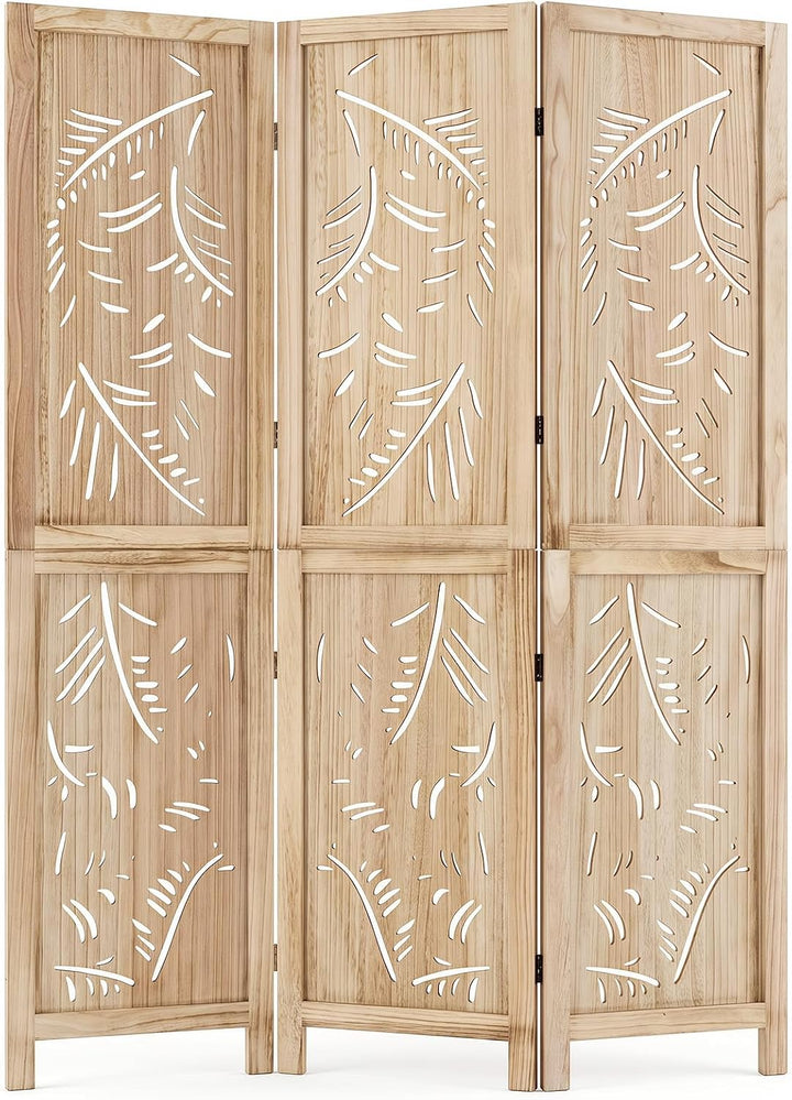 GIANTEX 3 Panel Boho Room Divider with Carved Palm Leaf Pattern