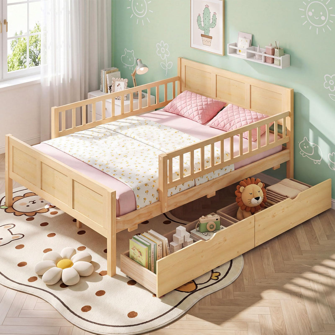 GIANTEX Full/Twin Size Bed Frame with 2 Storage Drawer &amp; Guardrails for Kids