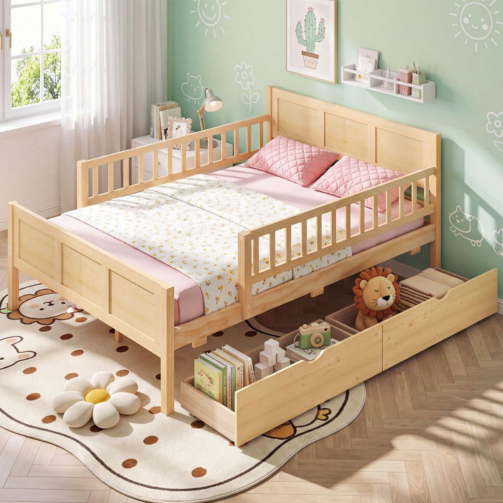 GIANTEX Full/Twin Size Bed Frame with 2 Storage Drawer &amp; Guardrails for Kids