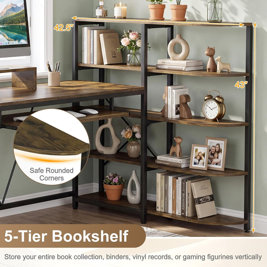 GIANTEX 63" U-Shaped Computer Desk with 5-Tier Bookshelf | Large Office Desk with Power Outlets