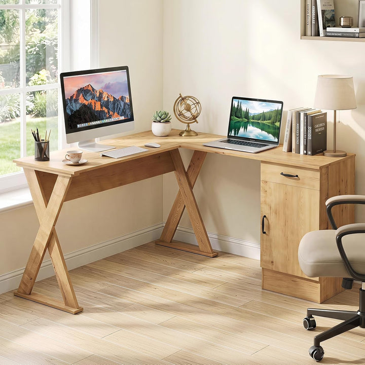 GIANTEX L-Shaped Computer Desk with Reversible Drawer &amp; Cabinet | Home Office Desk with X-shaped Structure