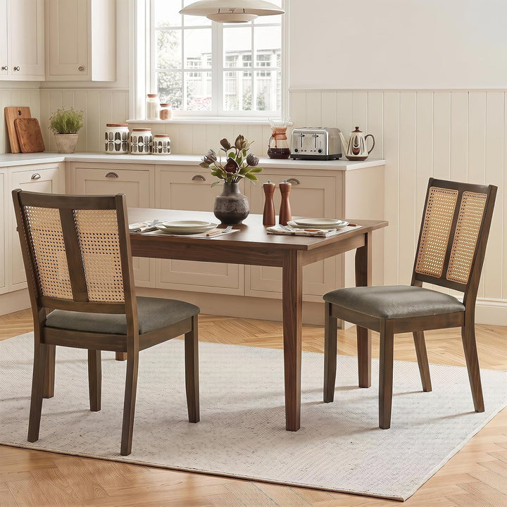GIANTEX Rattan Dining Chairs Farmhouse Upholstered Kitchen Chairs | Boho Dining Room Chair w/Curved Backrest &amp; Padded Seat