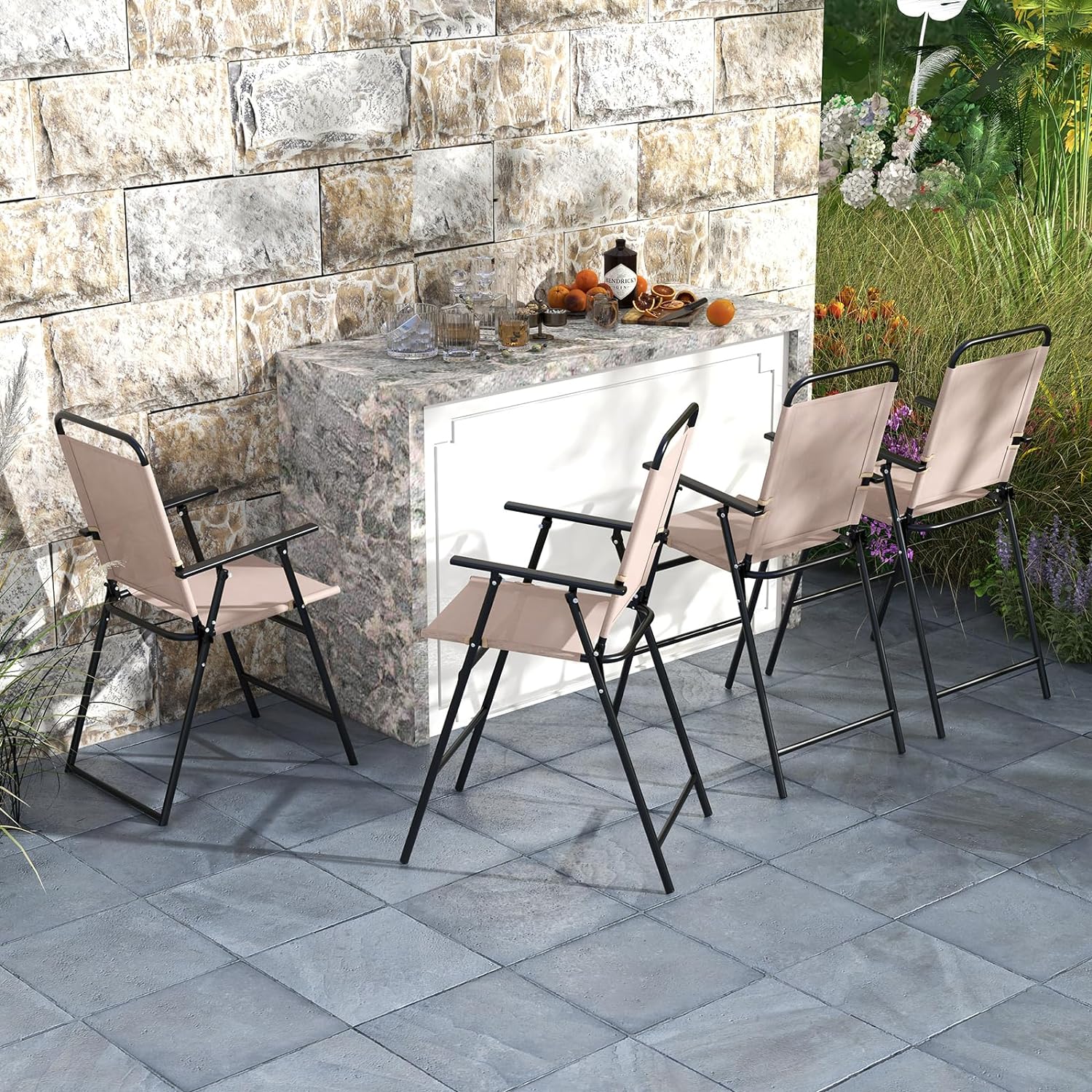 Giantex Outdoor Folding Bar Chair Set of 2, Bar-Height Patio Chairs with Backrest, Armrests, Footrest