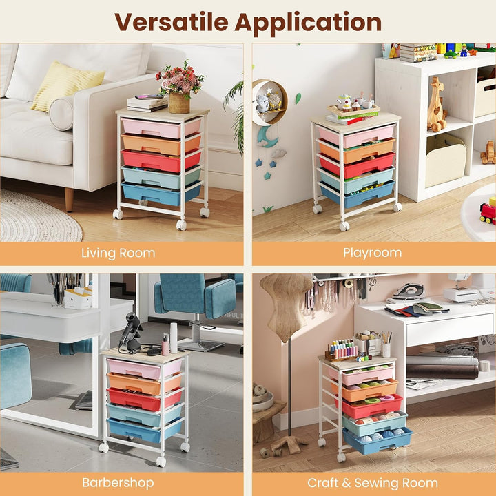 Giantex 5 Drawers Rolling Cart with Wheels, Wood Top, Sturdy Frame