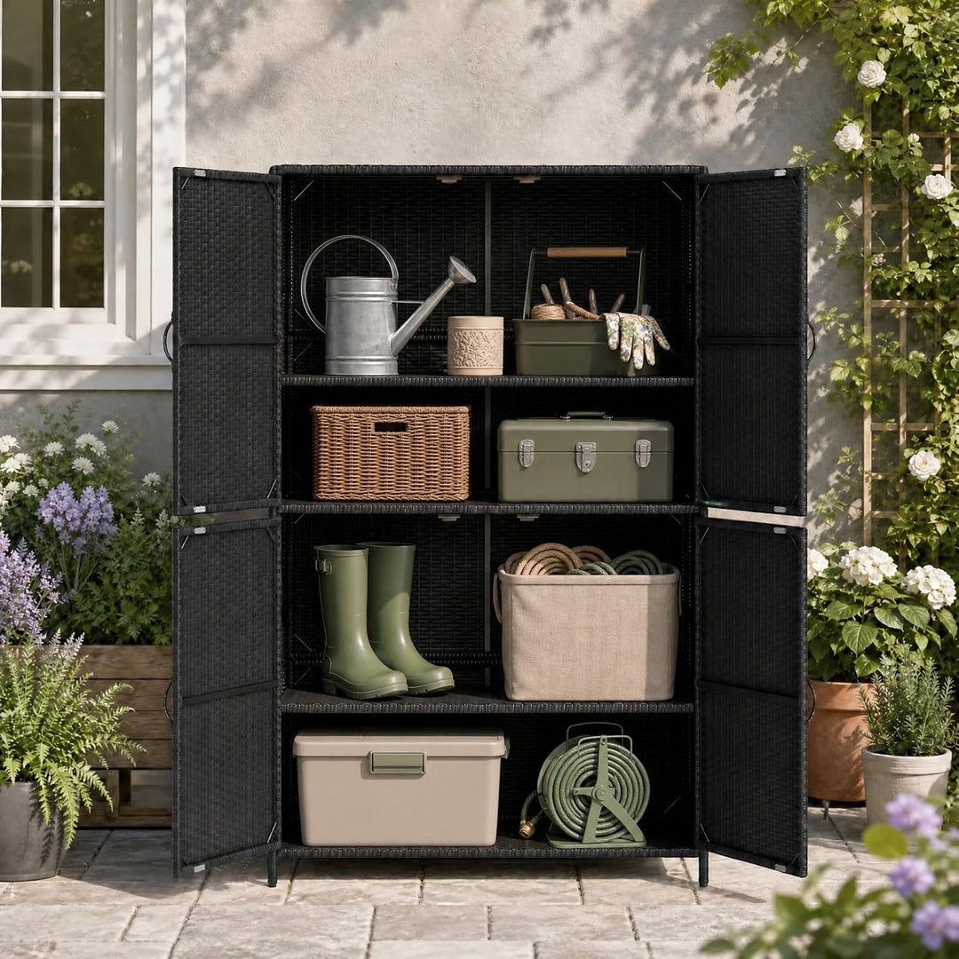GIANTEX 4-Door Outdoor Storage Cabinet, PE Rattan Storage Shed