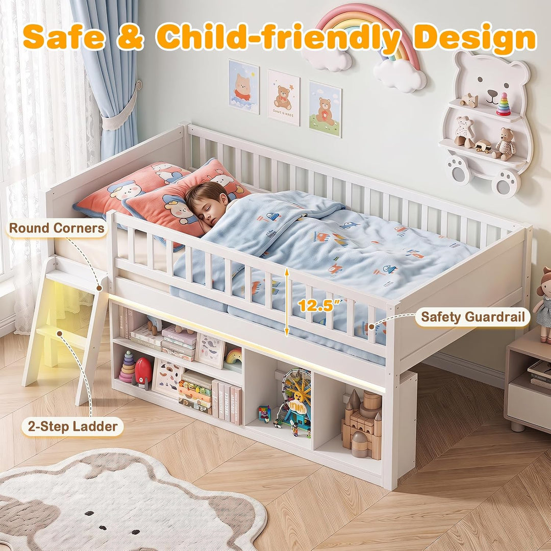 GIANTEX Low Loft Bed Twin Size with LED Lights