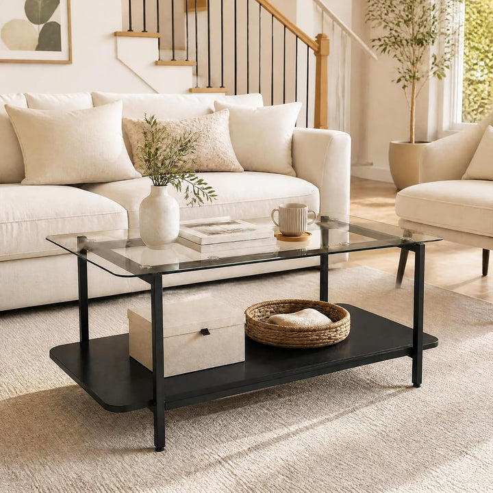 GIANTEX 37.5" Glass Coffee Table 2-Tier Center Table with Storage