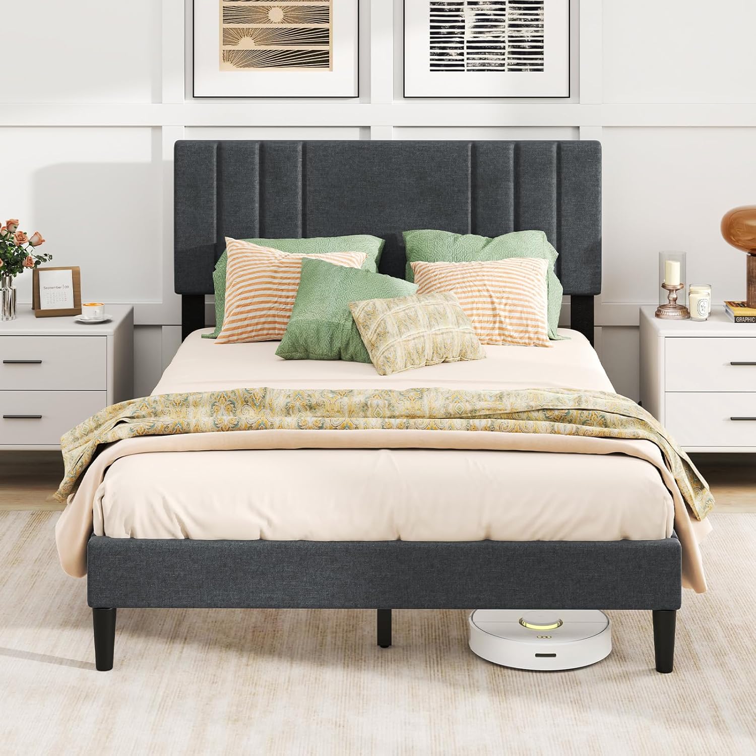 Giantex Modern Upholstered Platform Bed Frame with Vertical Channel Tufted Headboard