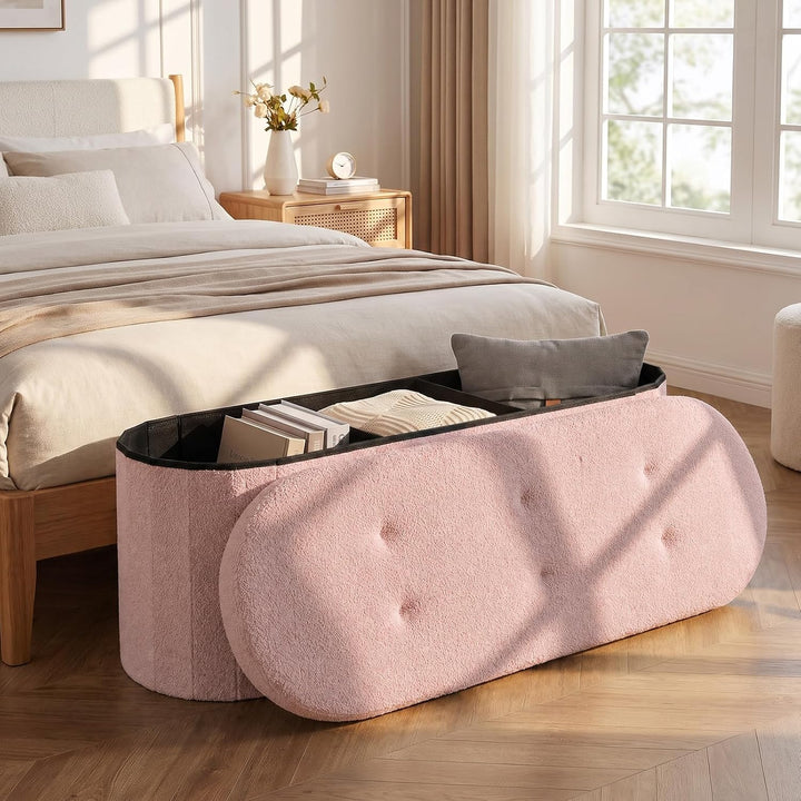 Giantex 43" Storage Ottoman Bench, Oval Ottoman with Dividers | Upholstered Bench Storage