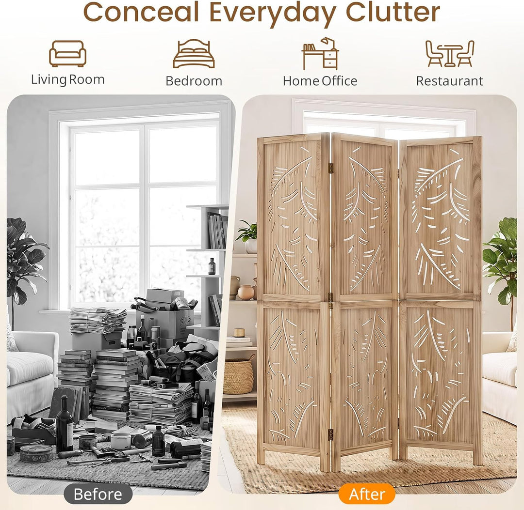 GIANTEX 3 Panel Boho Room Divider with Carved Palm Leaf Pattern