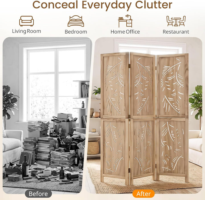 GIANTEX 3 Panel Boho Room Divider with Carved Palm Leaf Pattern