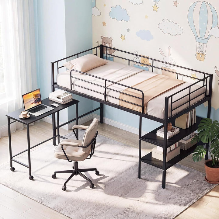 Giantex Low Loft Twin Size Bed with Desk &amp; Bookshelf