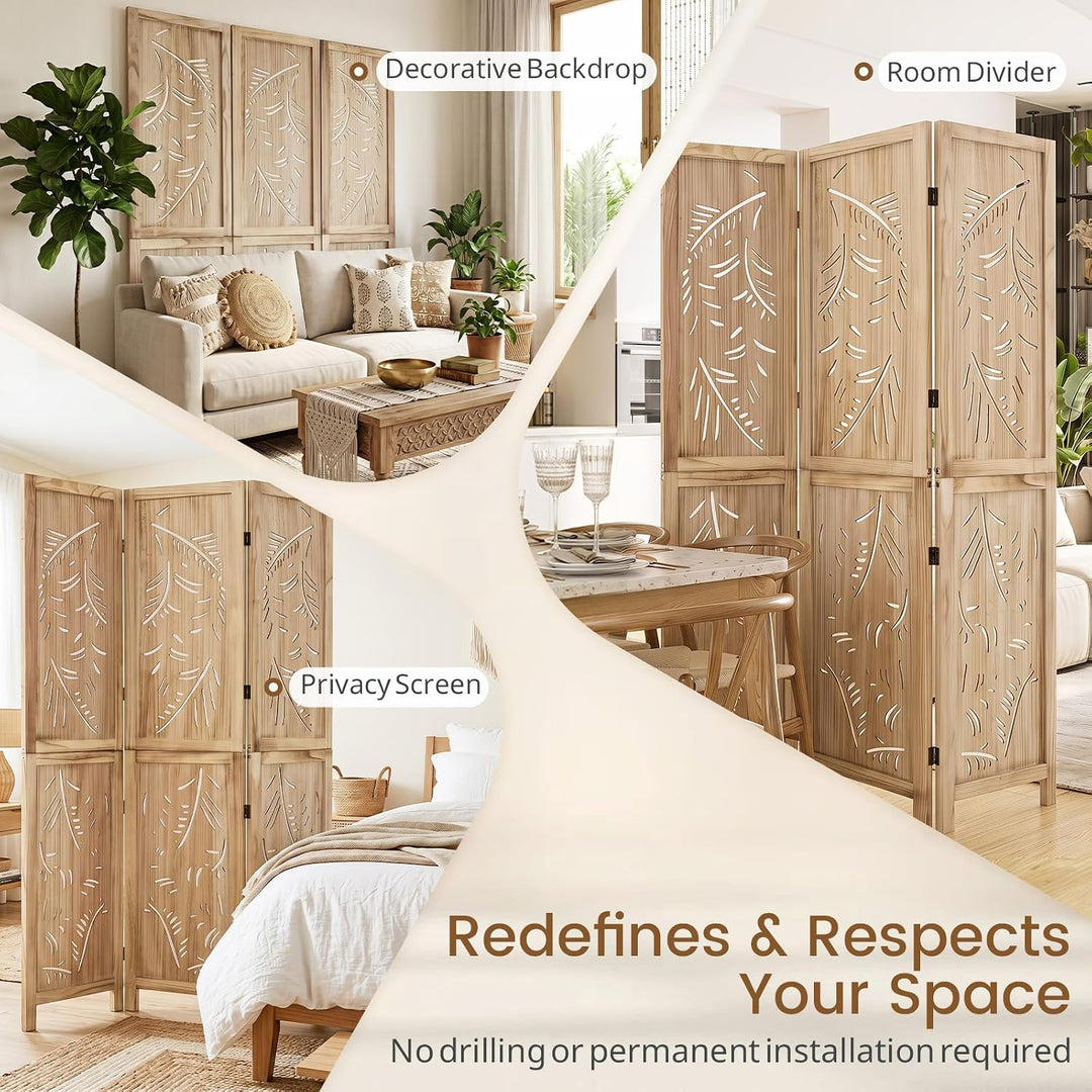 GIANTEX 3 Panel Boho Room Divider with Carved Palm Leaf Pattern