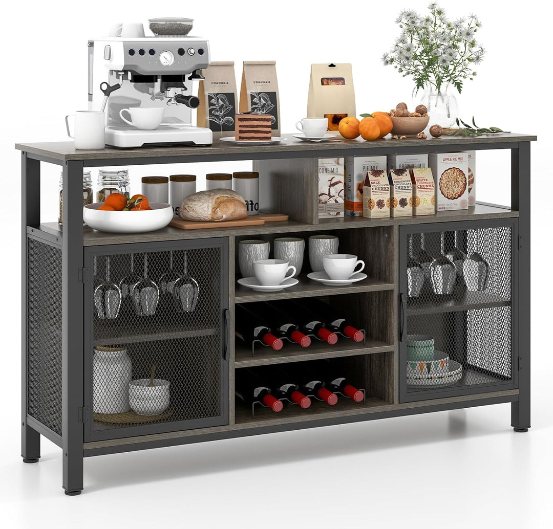Giantex Coffee Bar Cabinet for Liquor and Glasses, 55” Buffet Sideboard with 8-Bottle Wine Racks, 6 Rows of Wine Glass Holders