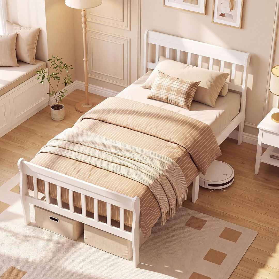 GIANTEX Wood Sleigh Bed Frame with Slatted Headboard &amp; Footboard