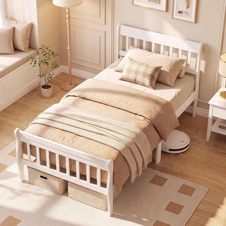 GIANTEX Wood Sleigh Bed Frame with Slatted Headboard &amp; Footboard