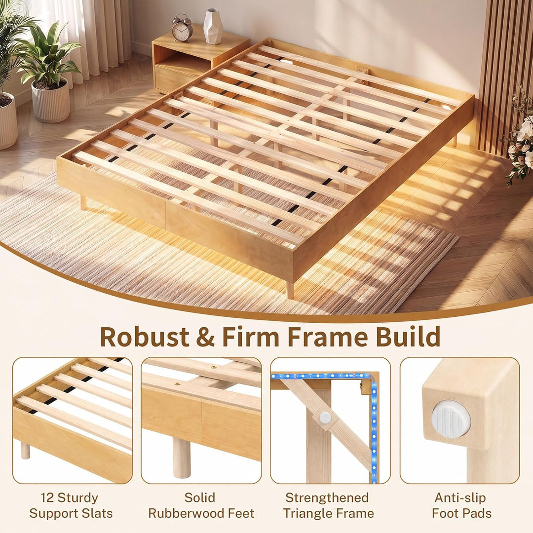 GIANTEX Wood Floating Bed Frame Queen Size with Smart LED Light, Natural | Modern Platform Bed w/Heavy Duty Mattress Foundation