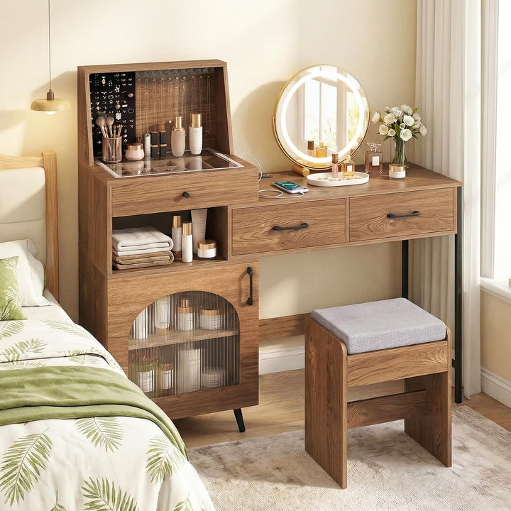 CHARMAID Vanity Desk with Charging Station, Jewelry Organizer (Walnut) | 53.5&