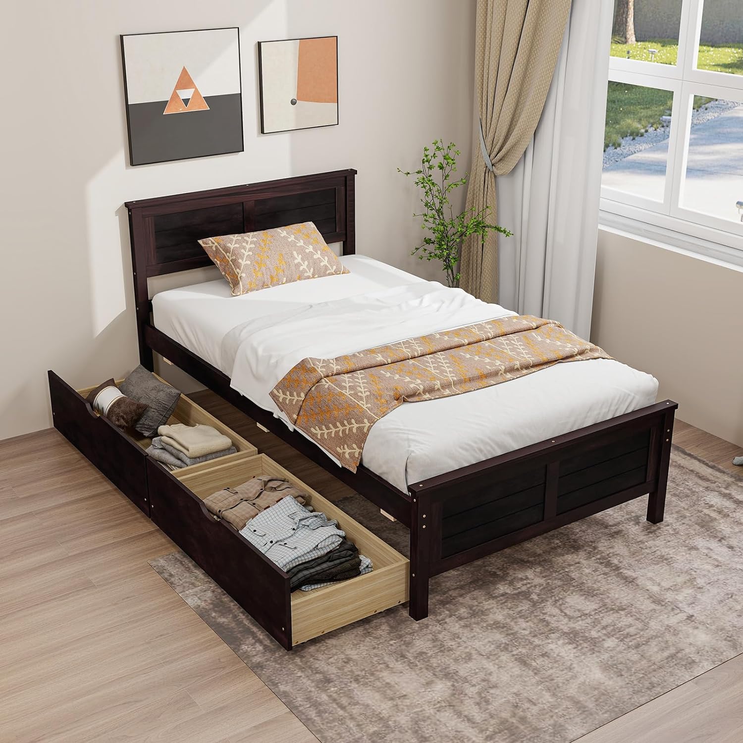 Giantex Wood Full Size Bed Frame with 2 Storage Drawers, Solid Wood Platform Bed with Headboard