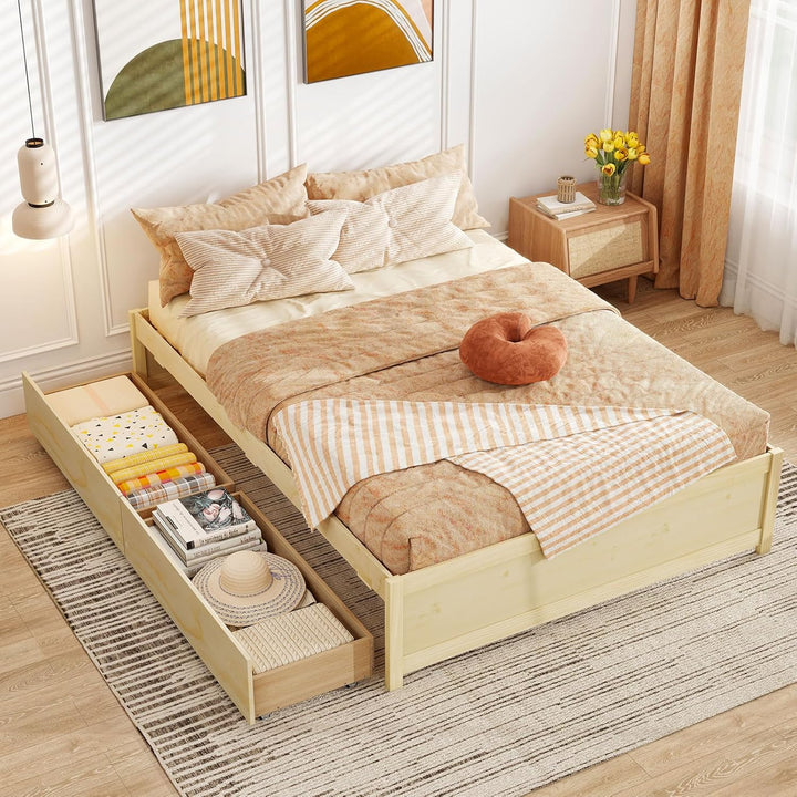 Giantex Bed Frame with 2 Storage Drawers, Solid Wood Platform Bed with Slats Support