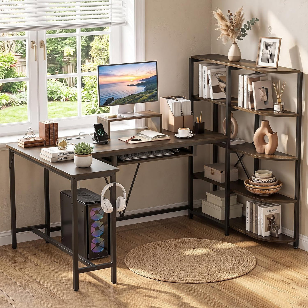 GIANTEX 63" U-Shaped Computer Desk with 5-Tier Bookshelf | Large Office Desk with Power Outlets