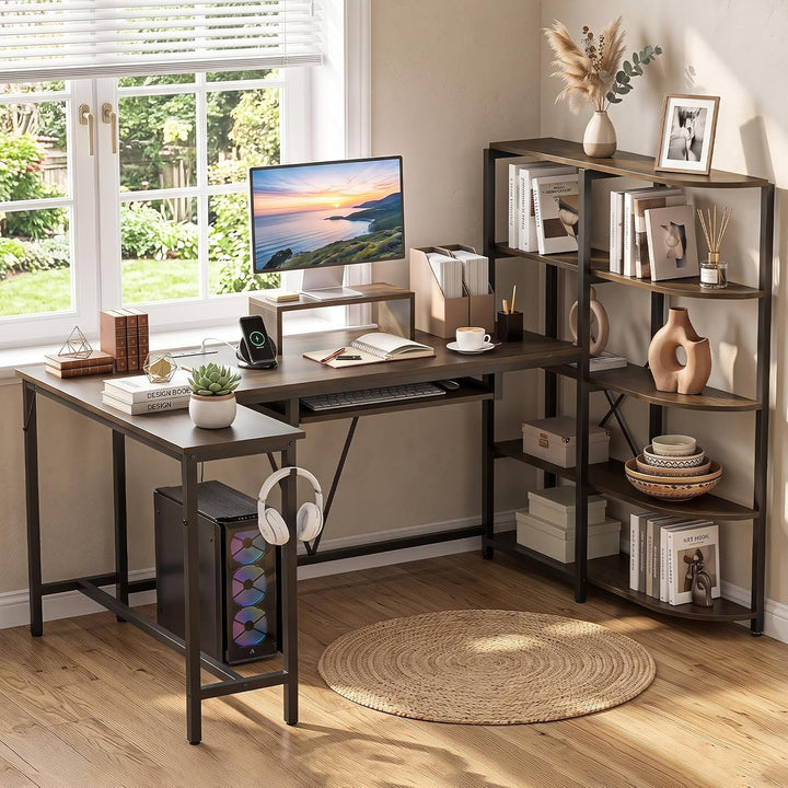 GIANTEX 63" U-Shaped Computer Desk with 5-Tier Bookshelf | Large Office Desk with Power Outlets
