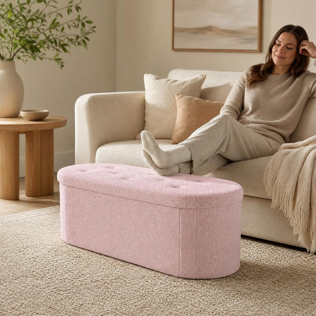 Giantex 43" Storage Ottoman Bench, Oval Ottoman with Dividers | Upholstered Bench Storage