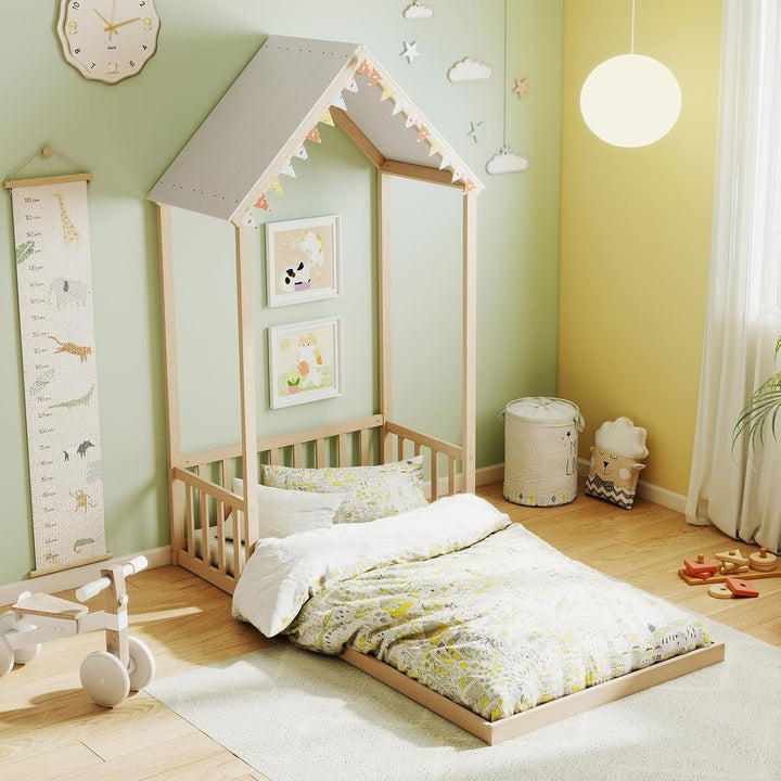 Giantex Twin Size House Bed Montessori Floor Bed with House Shape Roof & Semi-Fence