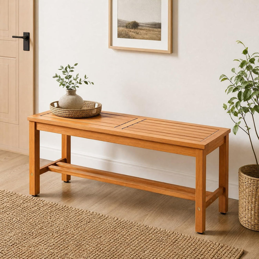 Giantex Outdoor Wooden Bench 2-Person Patio Bench w/Slatted Seat | Acacia Wood Garden Bench with Adjustable Foot Pads for Porch