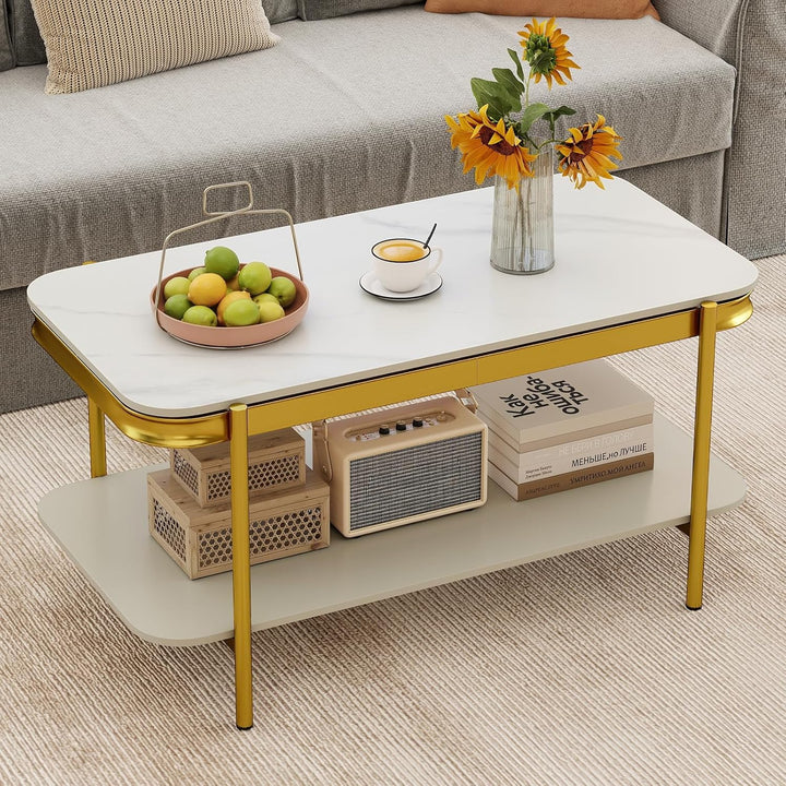 Giantex 2-Tier Coffee Table with Storage Faux Mable Center Table w/Sintered Stone Top
