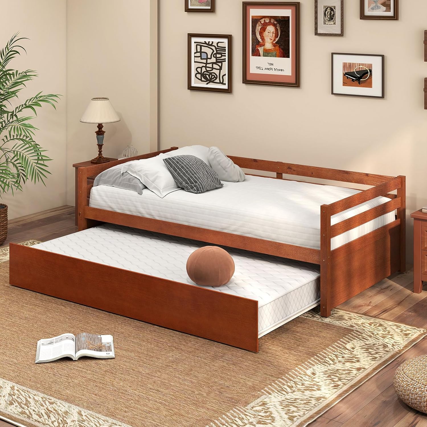 Giantex Wood Daybed with a Trundle, Twin Trundle Daybed with