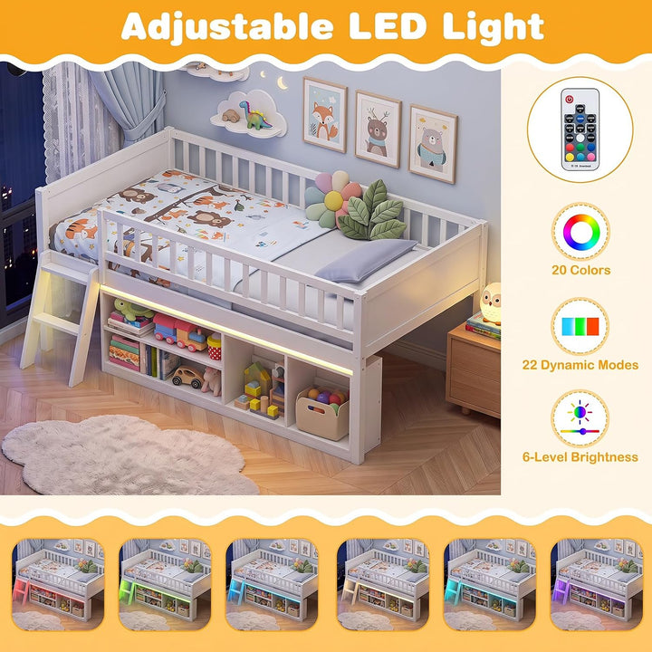 GIANTEX Low Loft Bed Twin Size with LED Lights
