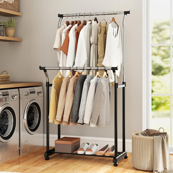 Giantex Double Rod Clothing Rack with Adjustable Height & Wheels