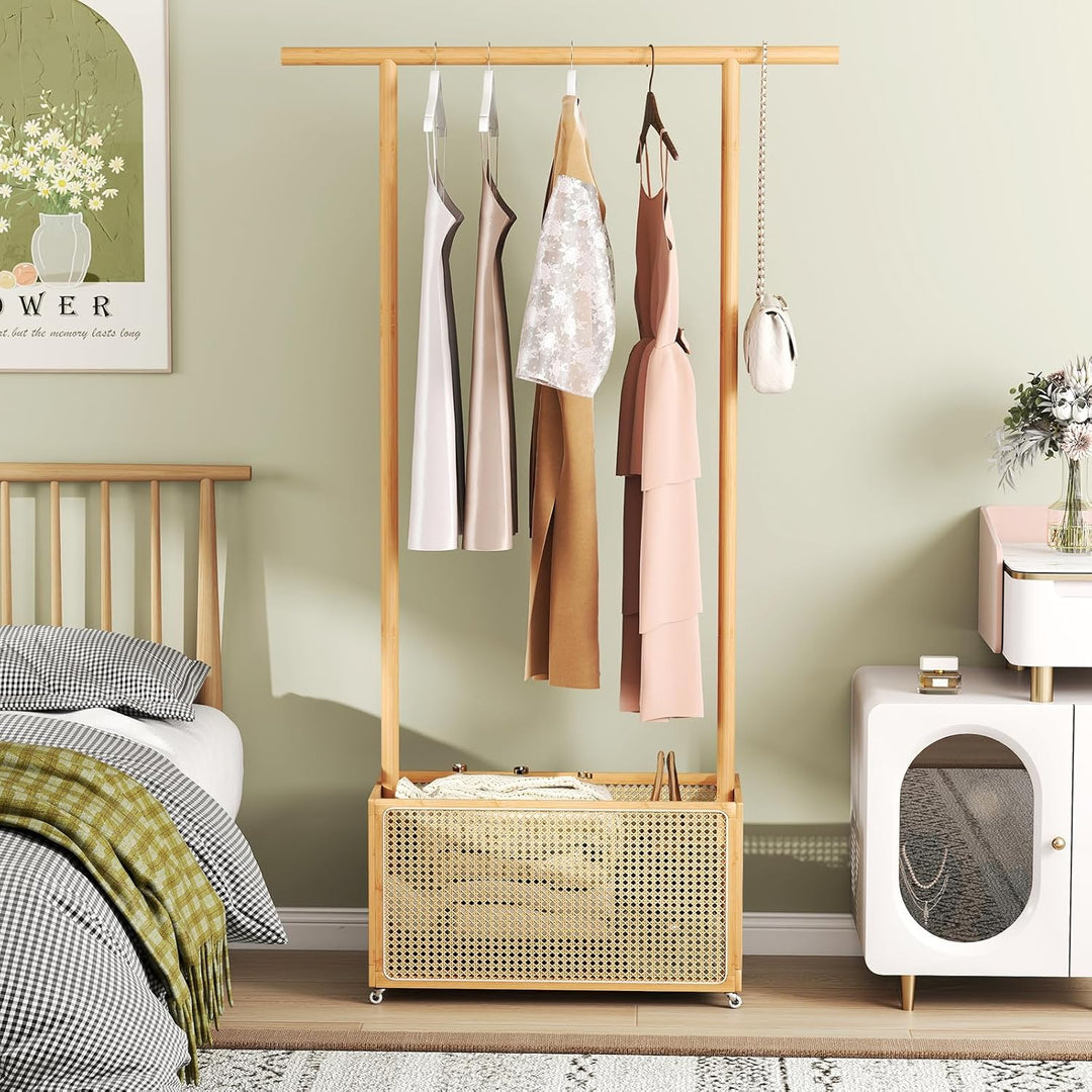Giantex Bamboo Clothes Rack 2-In-1 Clothing Hanging Rail for Hallway Living Room Bedroom