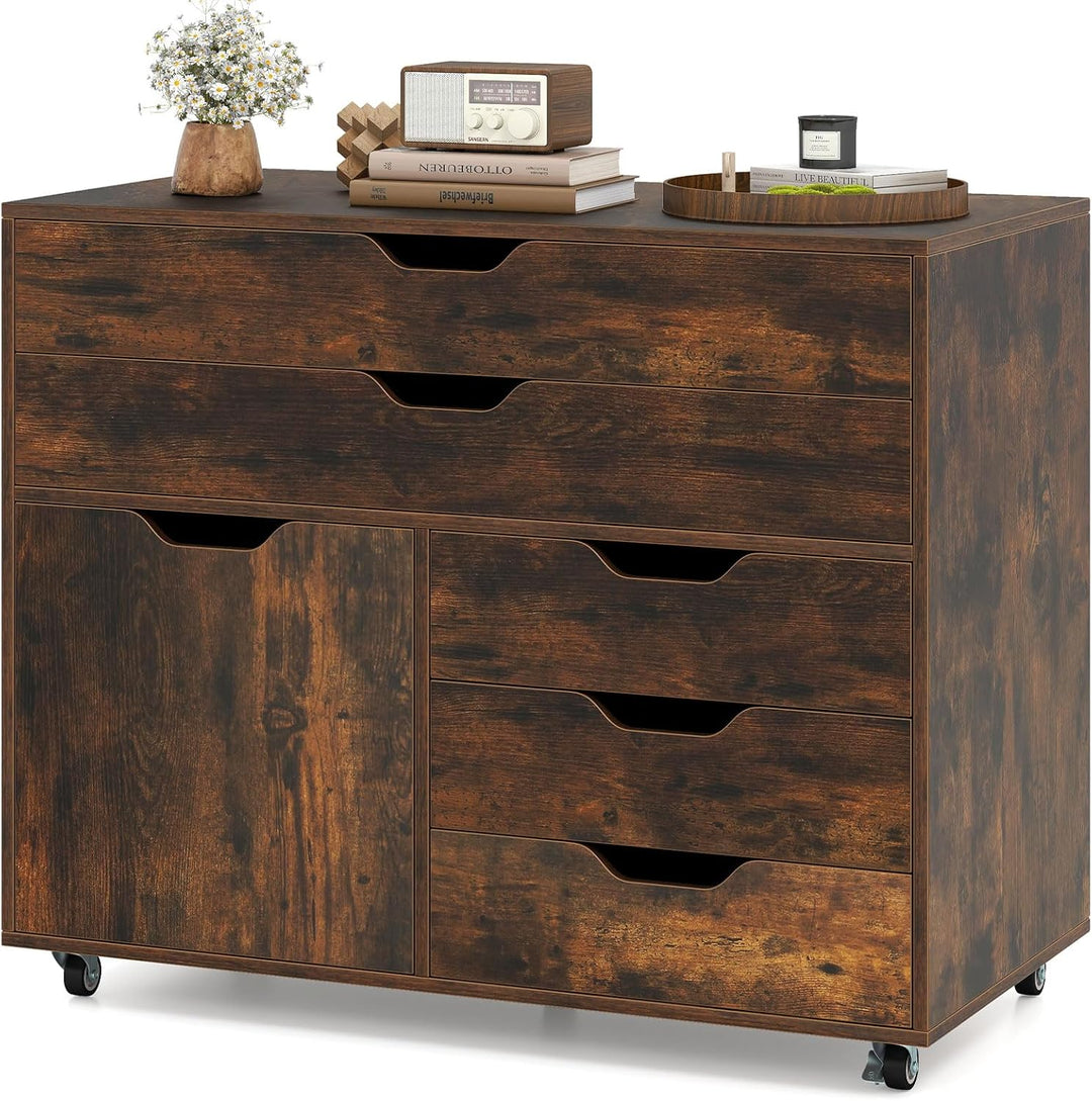 Giantex File Cabinet, Rolling Lateral Filing Cabinet with 2 Large Drawers, 3 Small Drawers