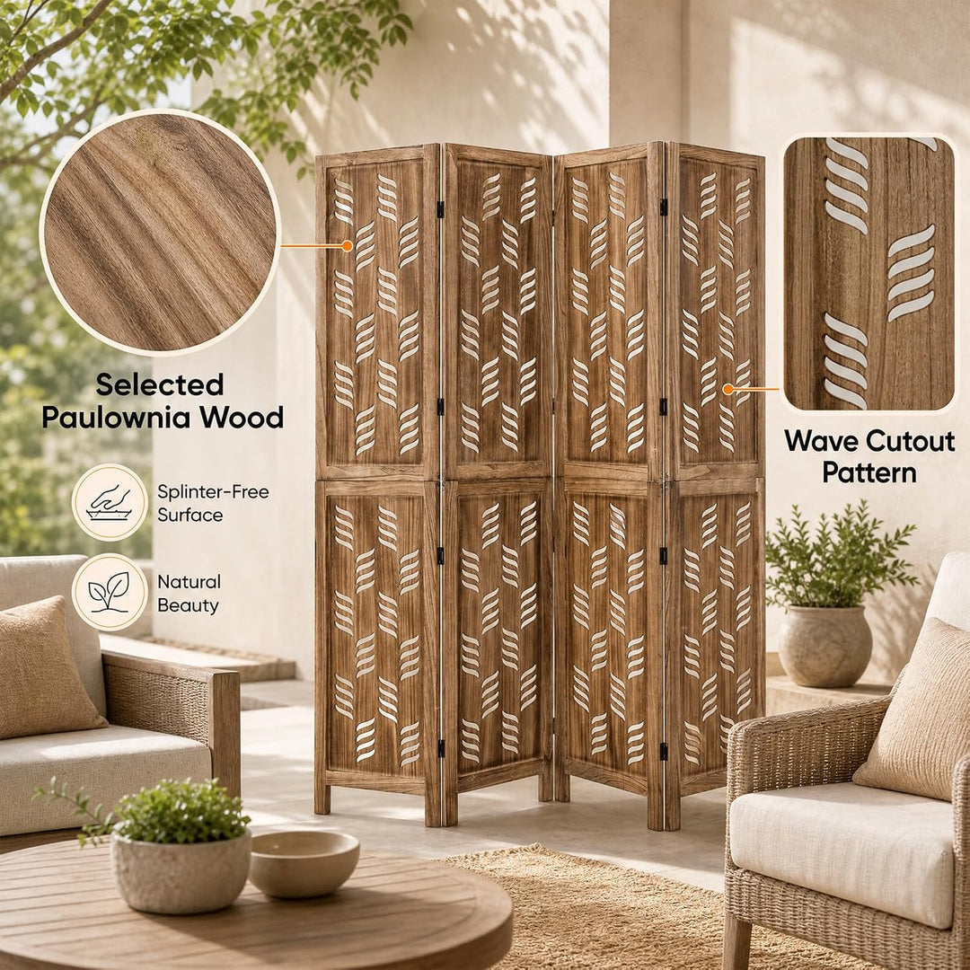 GIANTEX Folding Room Divider, Wood Privacy Screen with Wave Cutout | Freestanding Partition Wall Panel for Bedroom &amp; Home Office