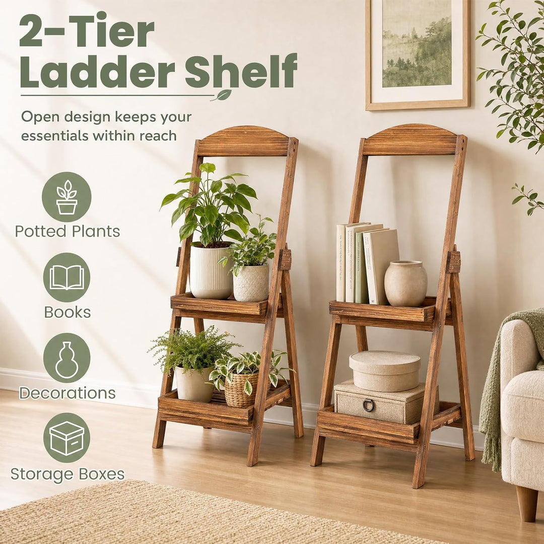 GIANTEX 2-Tier Ladder Plant Stand, Fir Wood Flower Pot Shelf, Rustic Brown