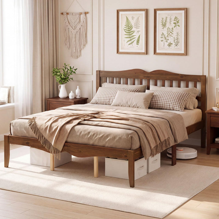 GIANTEX Full/Queen Size Wooden Bed Frame with Slatted Headboard