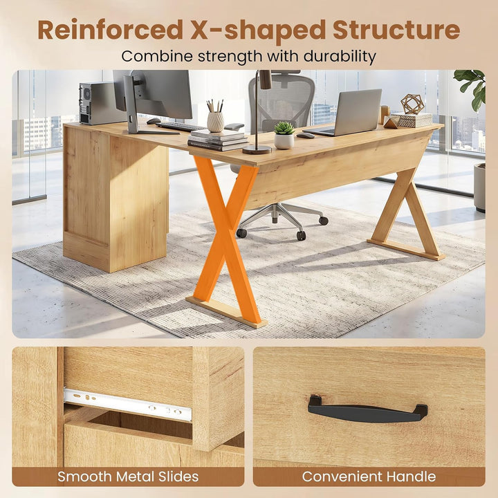 GIANTEX L-Shaped Computer Desk with Reversible Drawer &amp; Cabinet | Home Office Desk with X-shaped Structure
