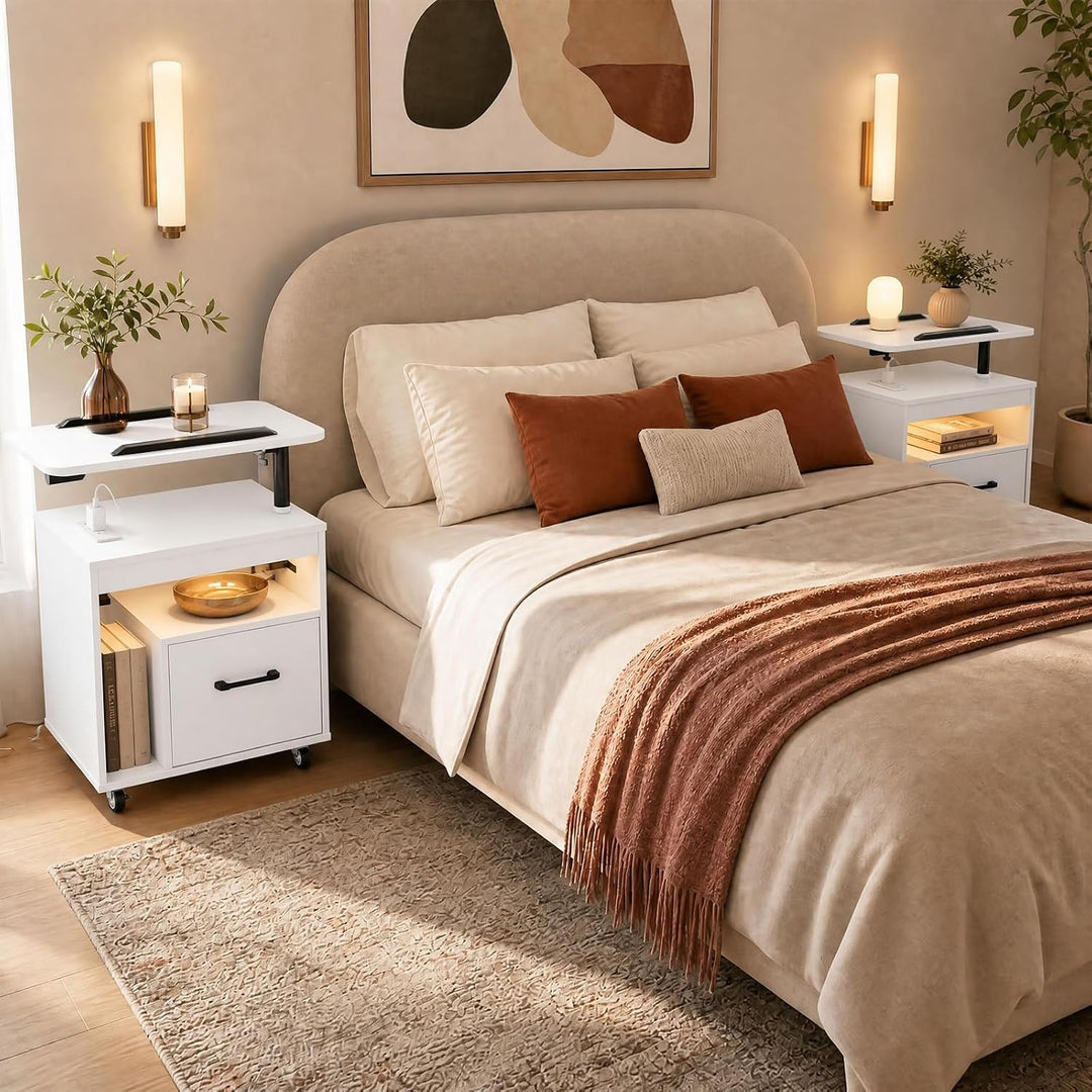 GIANTEX LED Nightstand with Charging Station, Rolling Bedside Table