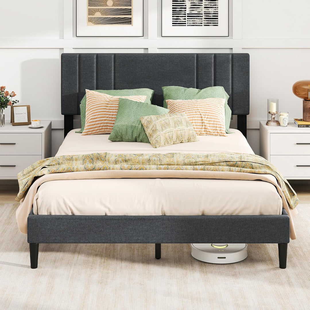 Giantex Modern Upholstered Platform Bed Frame with Vertical Channel Tufted Headboard