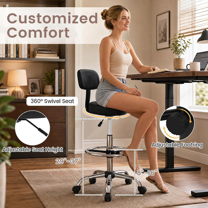 GIANTEX Drafting Chair with Back, Adjustable Foot Rolling Stool with Wheels | PVC Leather Tall Office Chair w/ Thickened Cushion