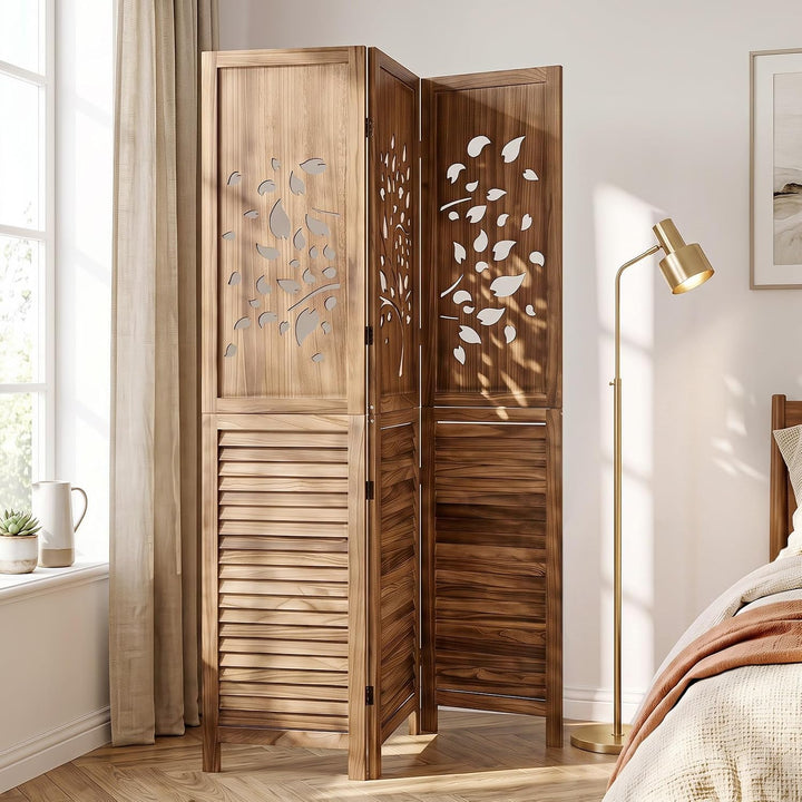 GIANTEX 3 Panel Folding Room Divider with Tree Leaf Cutout &amp; Louvered Slats | 67" Freestanding Wood Privacy Screen