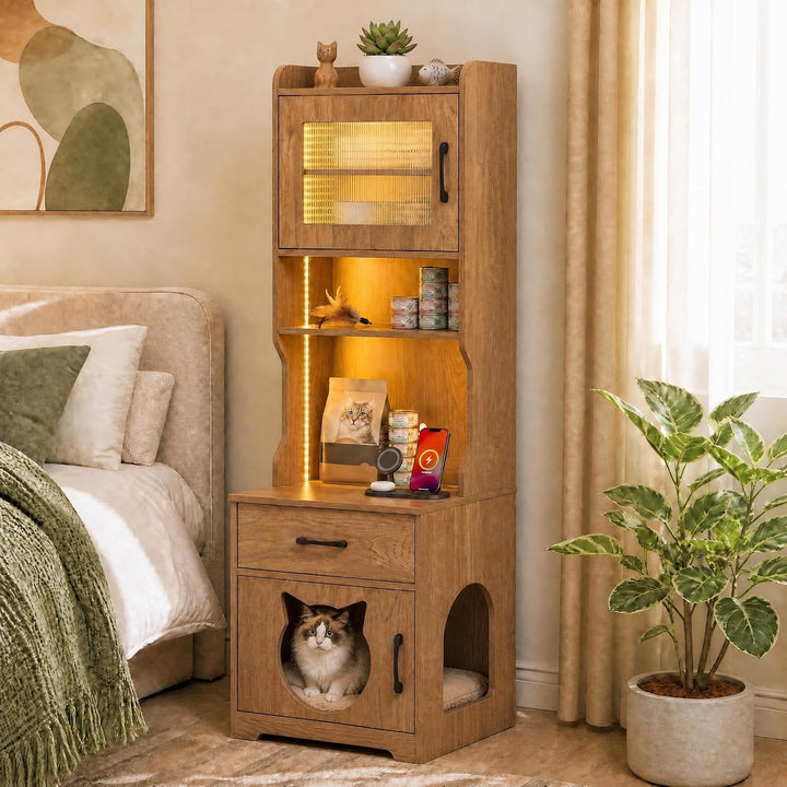 GIANTEX 60" Tall Cat Litter Box Enclosure with Storage Shelves &amp; LED Light