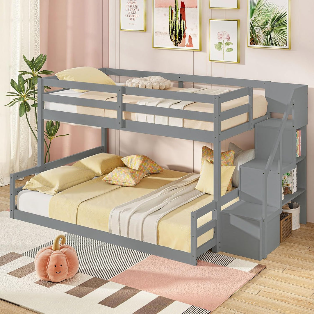 Giantex Bunk Bed with Stairs, Solid Wood Floor Bunk Bed with Storage Staircase & Full-Length Guardrails