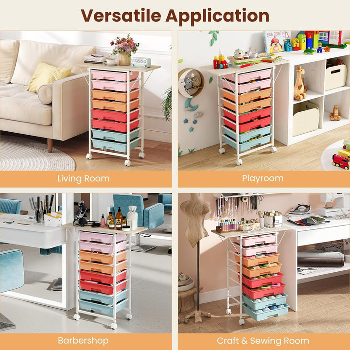 Giantex 8 Drawers Rolling Cart with Wheels, Folding Wood Top