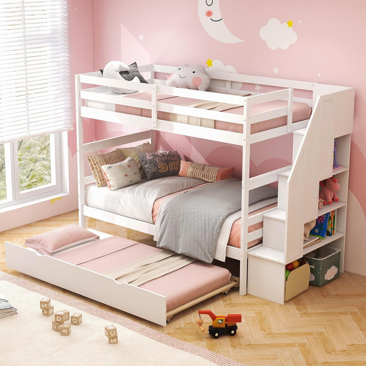 Giantex Twin Over Twin Bunk Bed with Trundle and Storage Stairs, Solid Wood Bunk Bed Convertible 3 Bed Frames for Bedroom