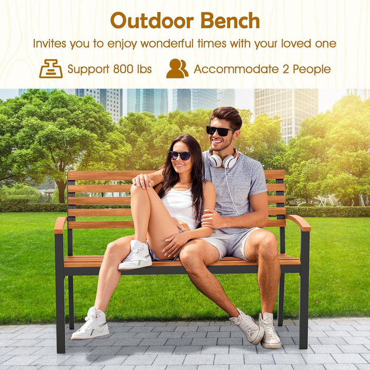 Outdoor Bench, Acacia Wood Patio Loveseat with Slatted Backrest & Seat, Armrests