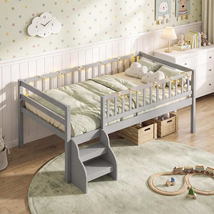 GIANTEX Low Profile Twin Size Bed Frame with Stairs &amp; Safety Guardrails