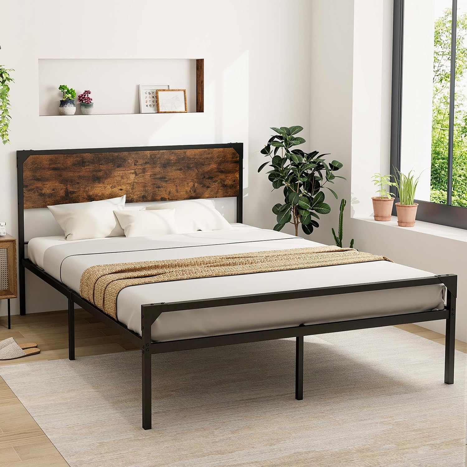 Giantex Full Size Bed Frame with Rustic Headboard & Footboard, Strong Metal Slat Support Mattress Foundation